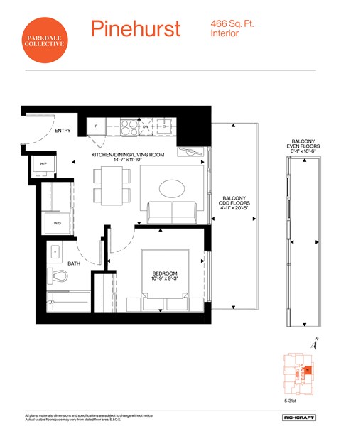 Floor plan for 1 bed, 1 bath, 466 sqft